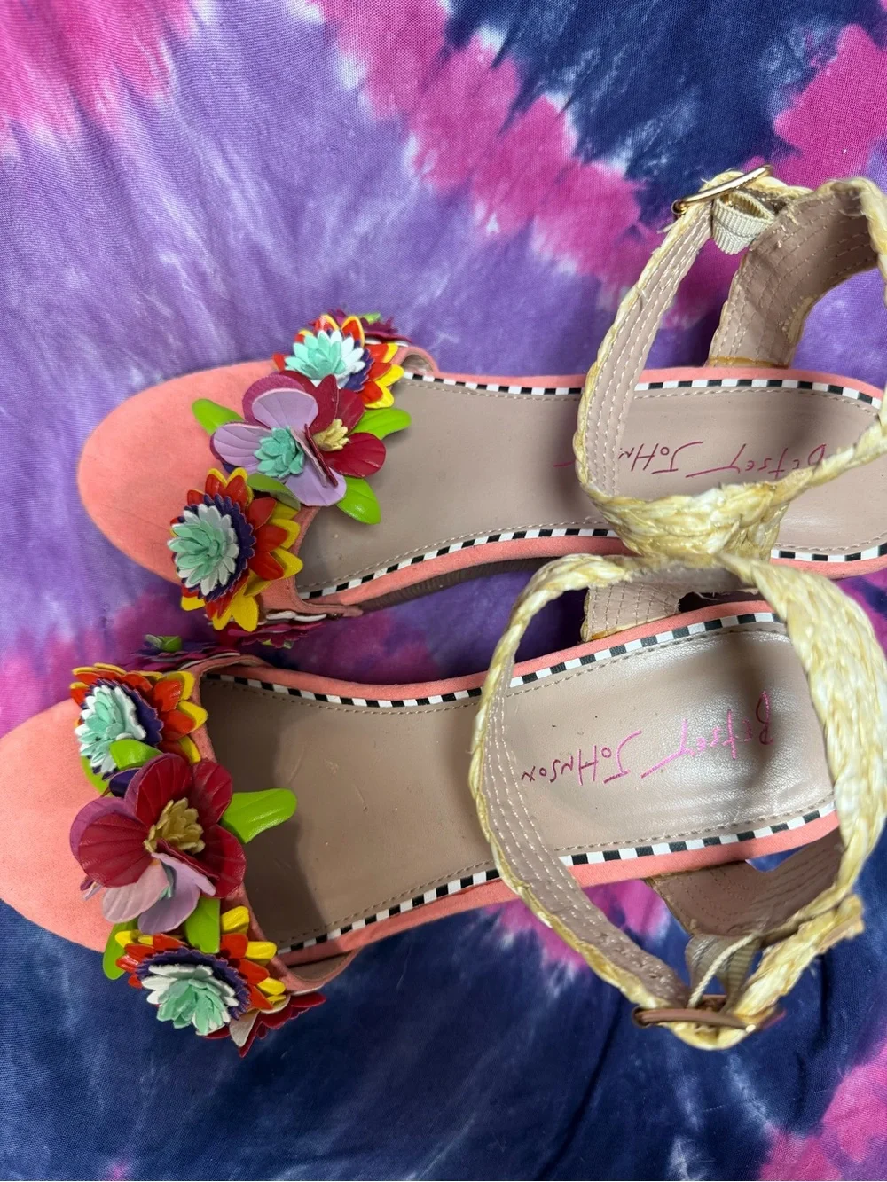 Betsey Johnson Coral Pink Floral Platform Sandals with Braided Ankle Strap